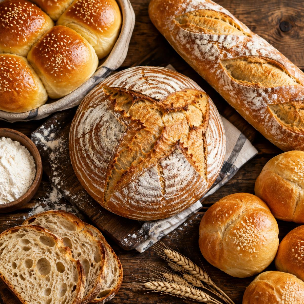 Golden bread loaves and soft buns on a rustic table