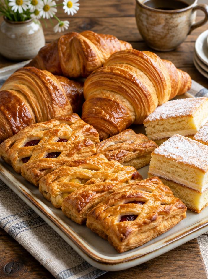 Croissants, pastries and sponge cake slices